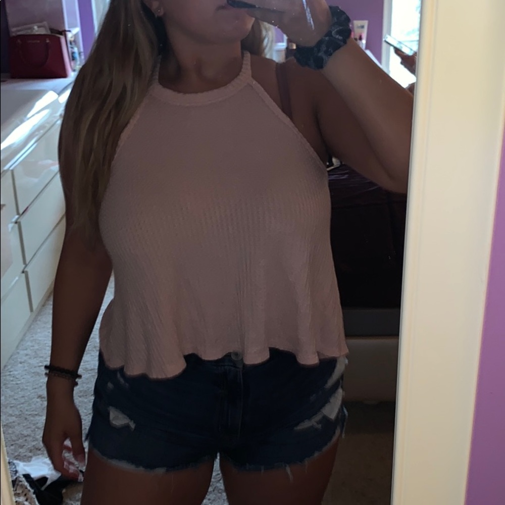 Mind Code light pink waffle crop top
